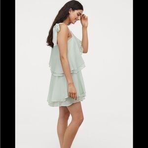 H & M tiered one shoulder pastel mint mini dress w/ bow shoulder strap